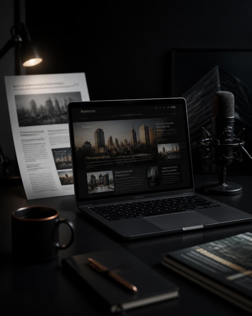 Real Estate Today on screen, the bulletin and the podcast microphone in a dark studio