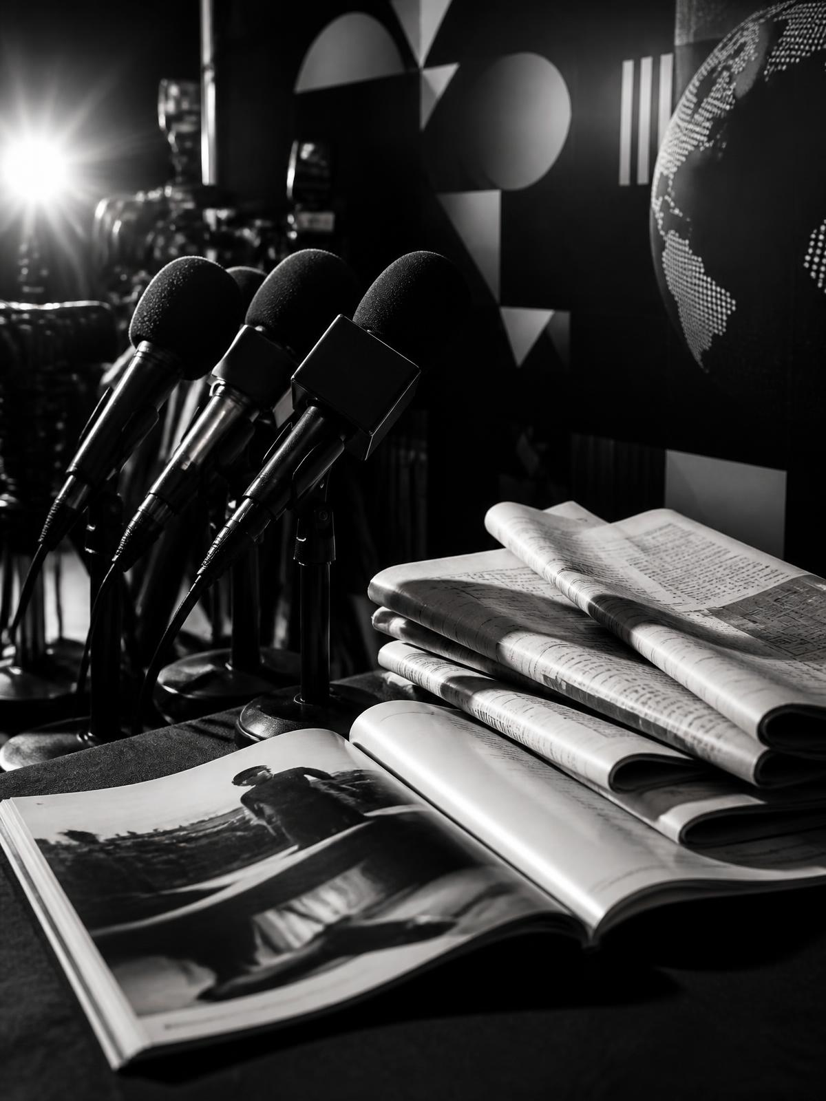 Printed trade publication spreads on a press media wall
