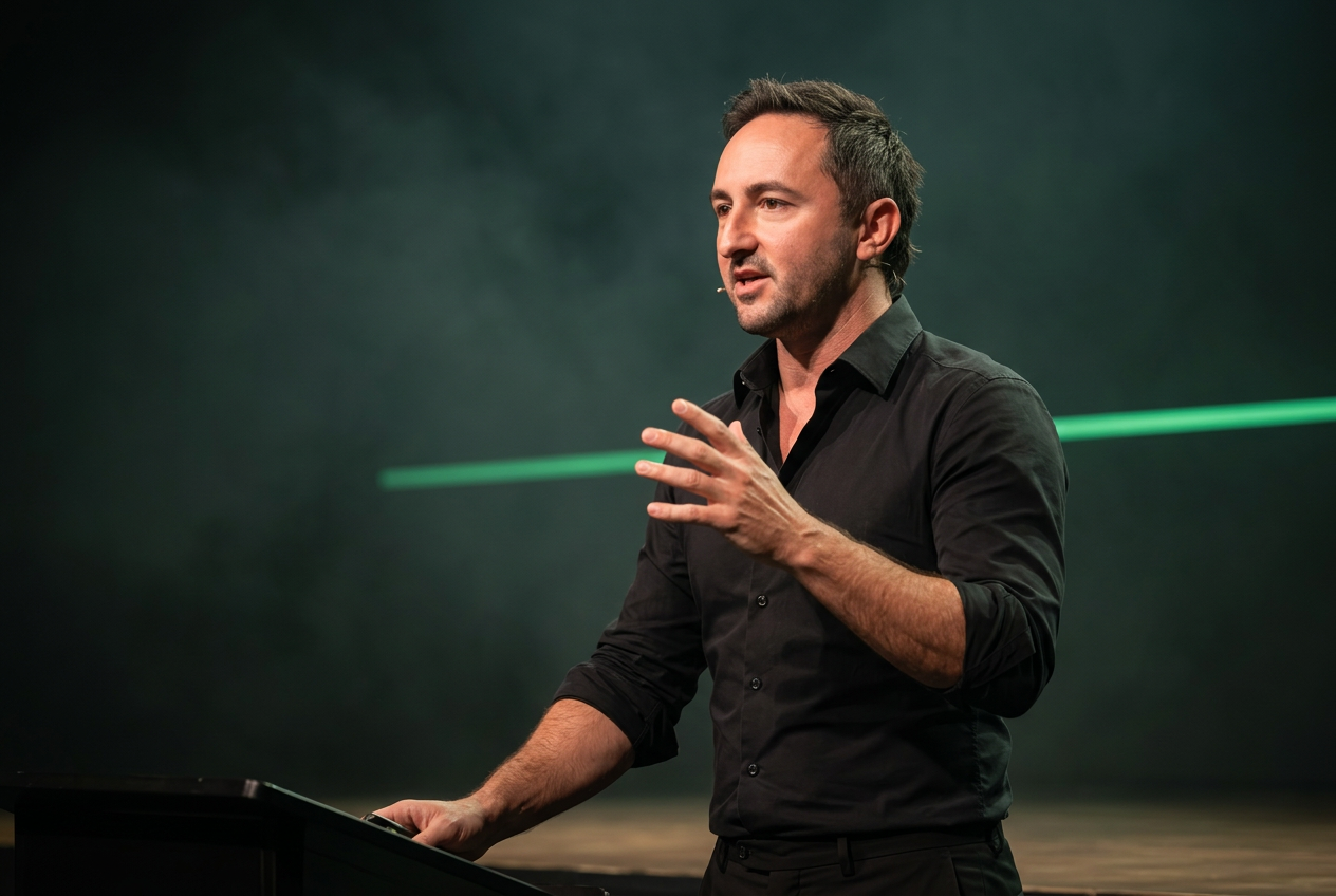 Nic Fren speaking on stage
